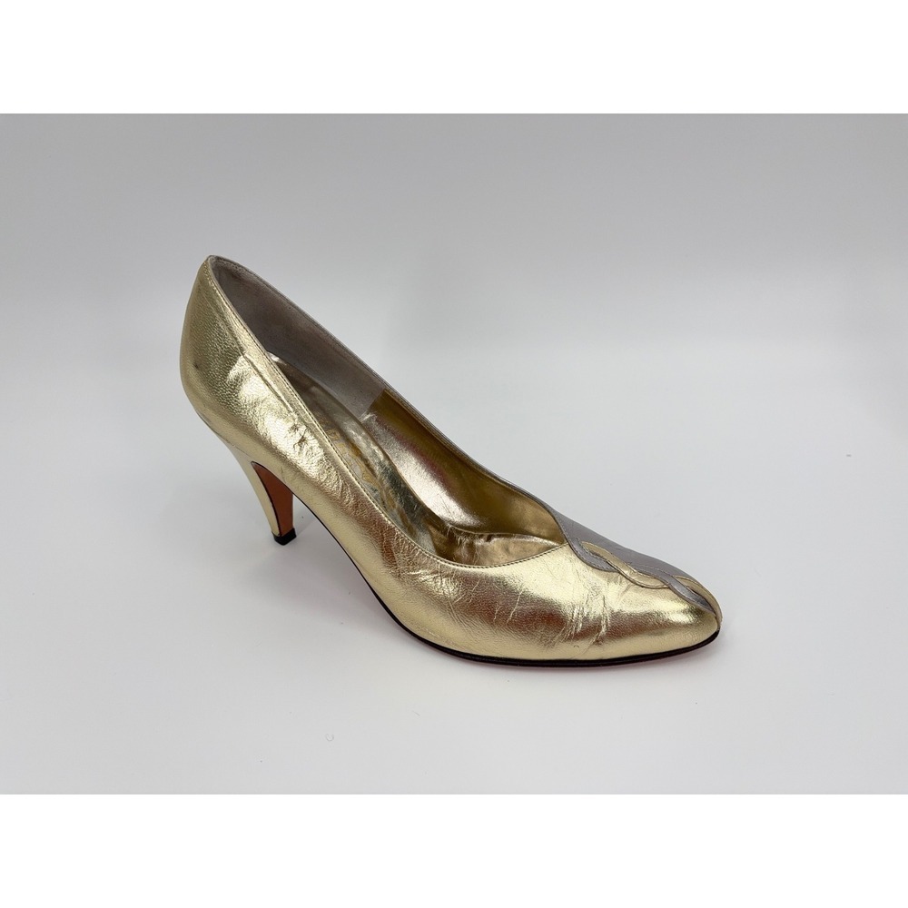 B5 Salvatore Ferragamo Two Tone Leather Pumps 7.5 Gold Silver Metallic Y2K - Picture 3 of 14